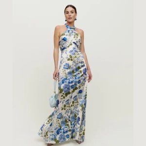NWOT Reformation Veria Silk Dress in Lucca Blue White Floral Maxi Halter